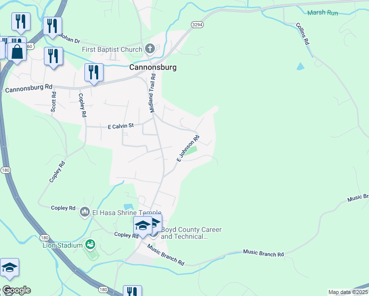 map of restaurants, bars, coffee shops, grocery stores, and more near 12003-12087 East Johnson Road in Ashland