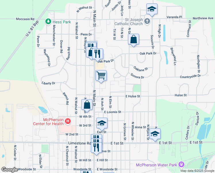 map of restaurants, bars, coffee shops, grocery stores, and more near 1333 North Elm Street in McPherson