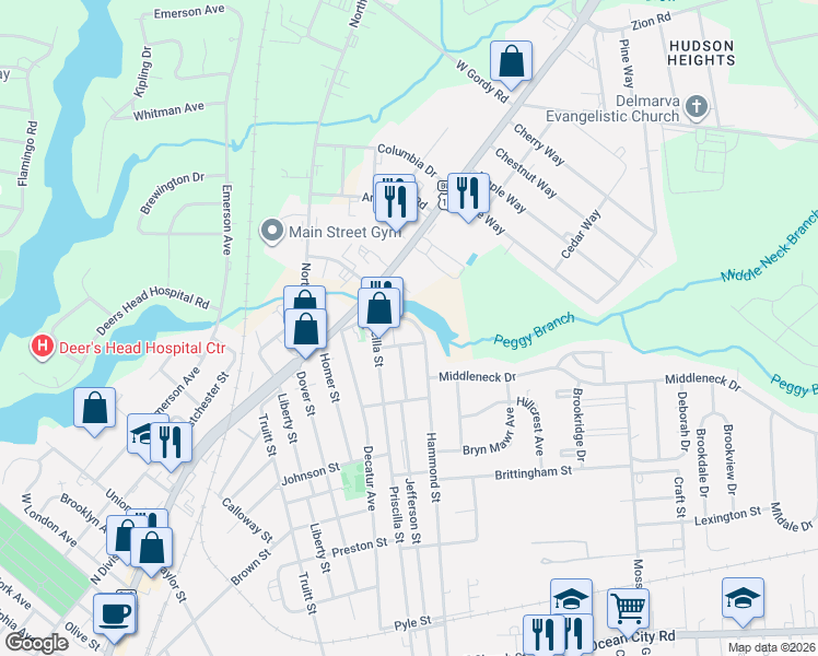 map of restaurants, bars, coffee shops, grocery stores, and more near 816 Hammond Street in Salisbury