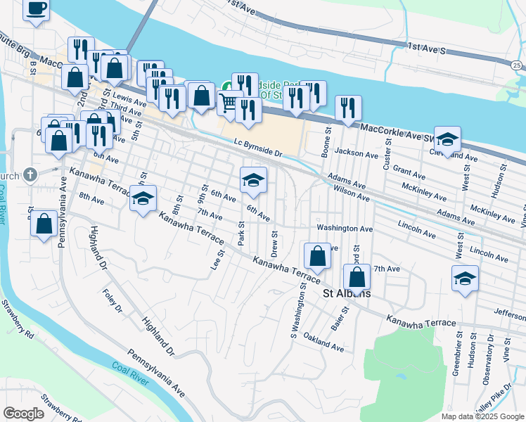 map of restaurants, bars, coffee shops, grocery stores, and more near 6th Avenue in Saint Albans