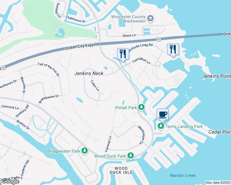 map of restaurants, bars, coffee shops, grocery stores, and more near 114 Hingham Lane in Ocean Pines