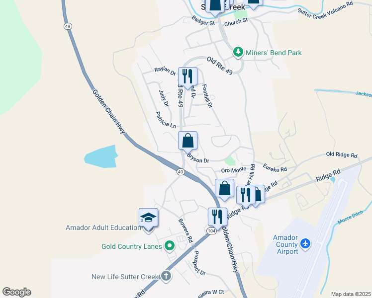 map of restaurants, bars, coffee shops, grocery stores, and more near 330 California 49 in Sutter Creek