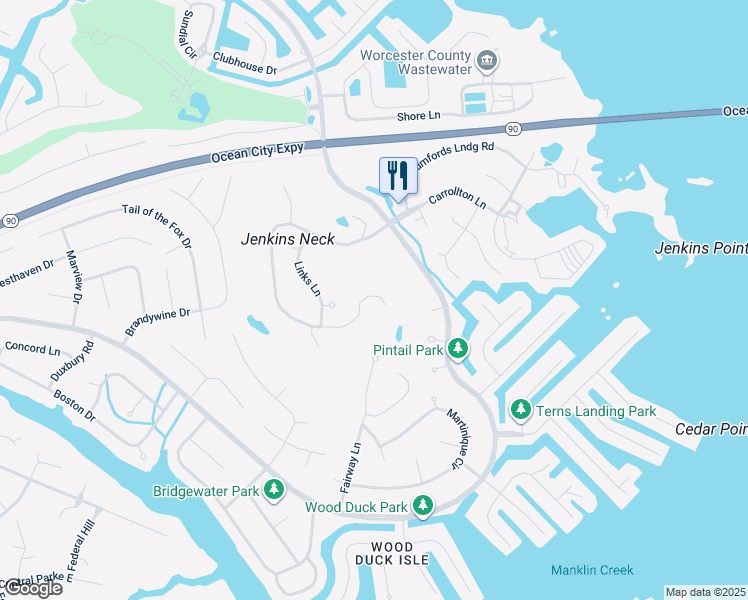 map of restaurants, bars, coffee shops, grocery stores, and more near 114 Hingham Lane in Ocean Pines