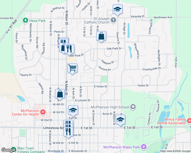 map of restaurants, bars, coffee shops, grocery stores, and more near 500 Normandy Road in McPherson