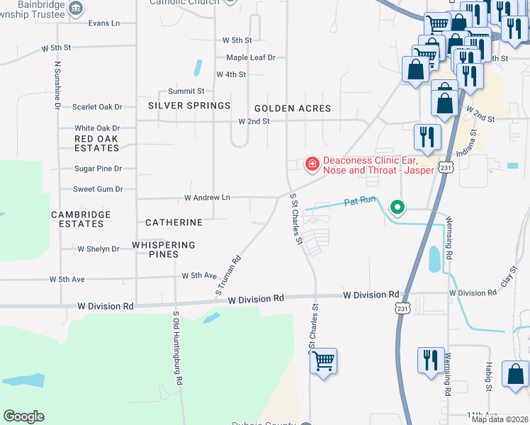 map of restaurants, bars, coffee shops, grocery stores, and more near 347 South Truman Road in Jasper