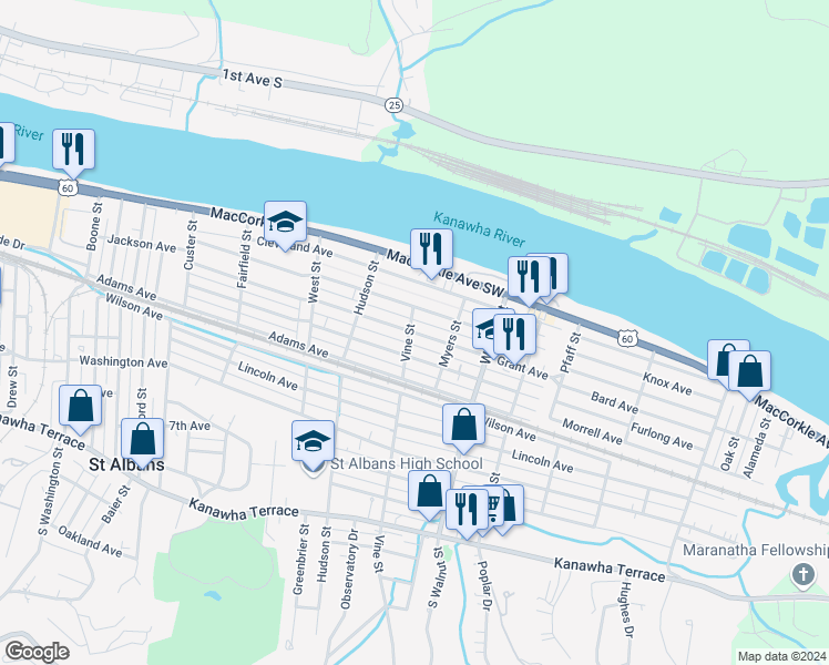 map of restaurants, bars, coffee shops, grocery stores, and more near 2304 Grant Avenue in St. Albans