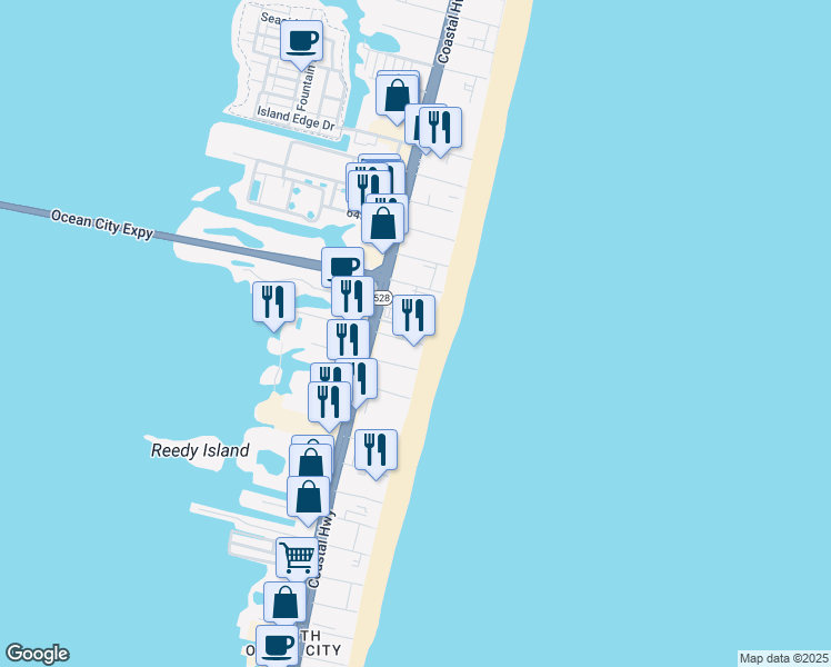 map of restaurants, bars, coffee shops, grocery stores, and more near 6007 Atlantic Avenue in Ocean City