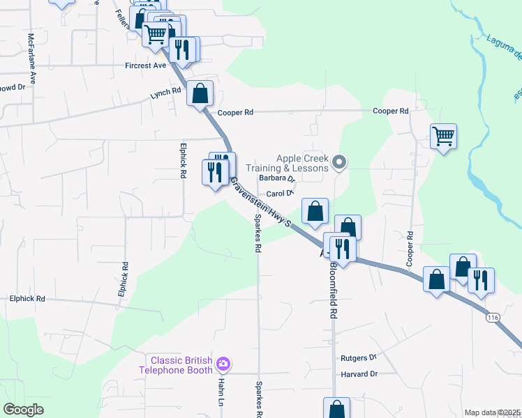 map of restaurants, bars, coffee shops, grocery stores, and more near 43 Sparkes Road in Sebastopol