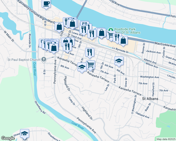 map of restaurants, bars, coffee shops, grocery stores, and more near 616 Kanawha Terrace in Saint Albans