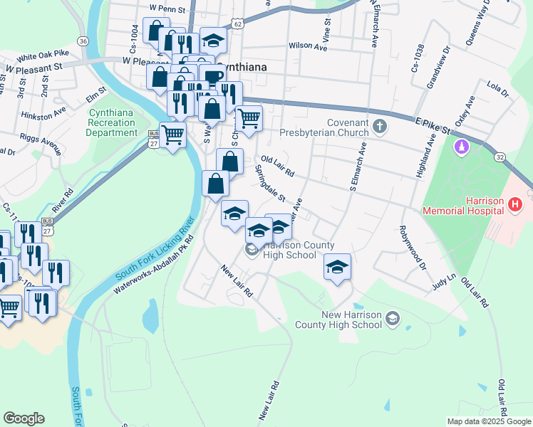 map of restaurants, bars, coffee shops, grocery stores, and more near 323 Webster Avenue in Cynthiana