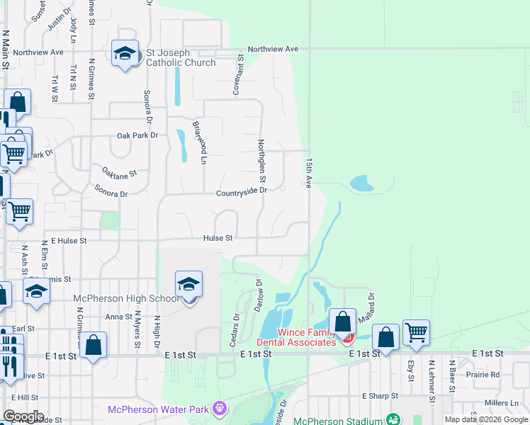 map of restaurants, bars, coffee shops, grocery stores, and more near 1321 Northglen St in McPherson