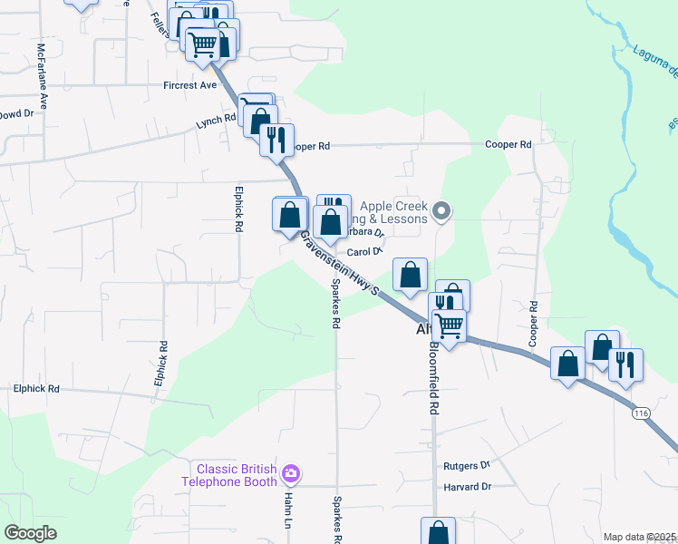 map of restaurants, bars, coffee shops, grocery stores, and more near 43 Sparkes Road in Sebastopol