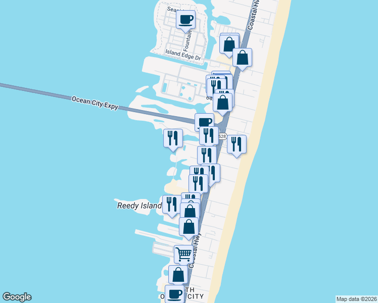 map of restaurants, bars, coffee shops, grocery stores, and more near 200 59th Street in Ocean City