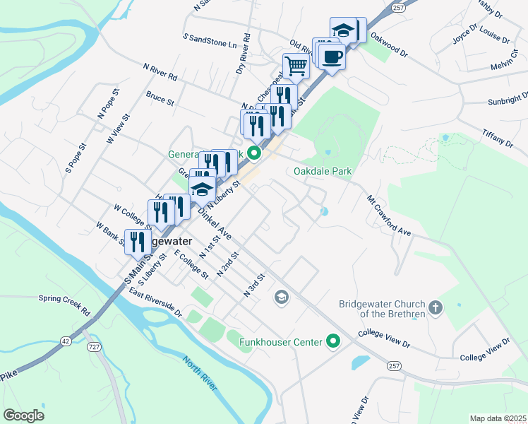 map of restaurants, bars, coffee shops, grocery stores, and more near 313 North 2nd Street in Bridgewater