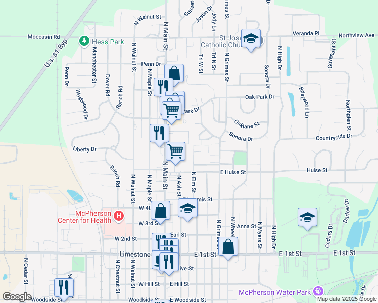 map of restaurants, bars, coffee shops, grocery stores, and more near 1333 North Elm Street in McPherson