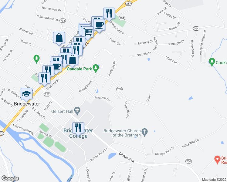 map of restaurants, bars, coffee shops, grocery stores, and more near 109 Cindie Lane in Bridgewater