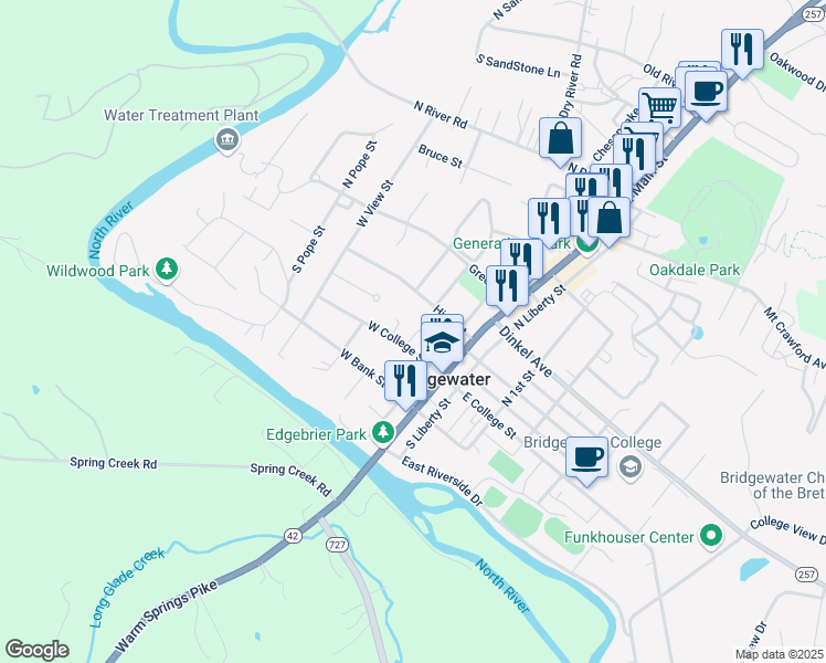 map of restaurants, bars, coffee shops, grocery stores, and more near 108 West College Street in Bridgewater