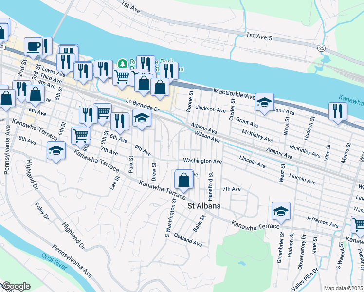 map of restaurants, bars, coffee shops, grocery stores, and more near 427 Alley in Saint Albans