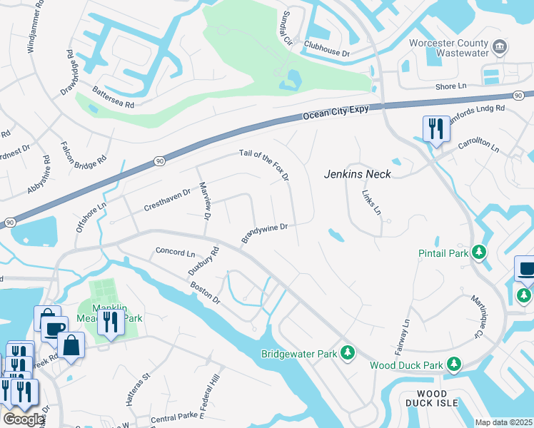 map of restaurants, bars, coffee shops, grocery stores, and more near 7 Twilight Court in Ocean Pines