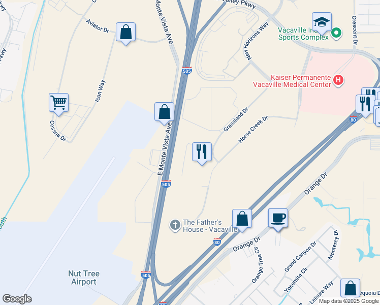 map of restaurants, bars, coffee shops, grocery stores, and more near 1030 Vaquero Circle in Vacaville