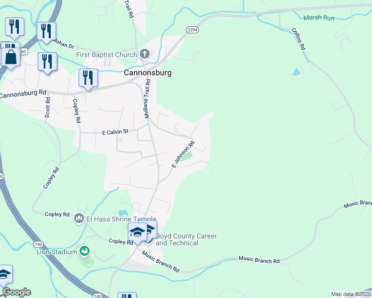 map of restaurants, bars, coffee shops, grocery stores, and more near 12003 East Johnson Road in Ashland