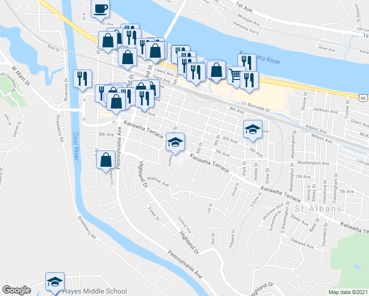 map of restaurants, bars, coffee shops, grocery stores, and more near 616 Kanawha Terrace in Saint Albans