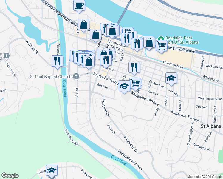 map of restaurants, bars, coffee shops, grocery stores, and more near 411 8th Avenue in St. Albans