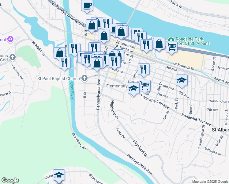 map of restaurants, bars, coffee shops, grocery stores, and more near 411 8th Avenue in Saint Albans