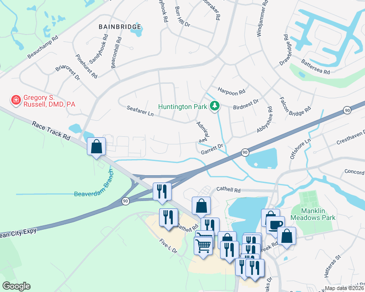 map of restaurants, bars, coffee shops, grocery stores, and more near 37 Admiral Avenue in Ocean Pines