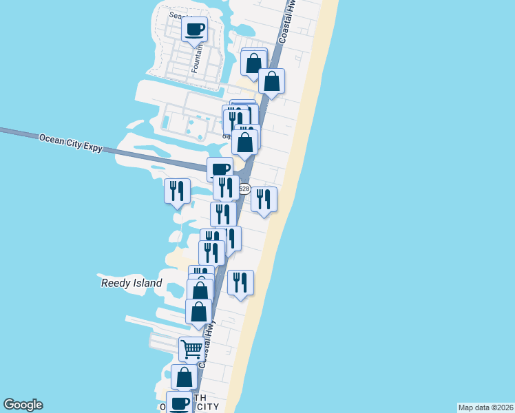 map of restaurants, bars, coffee shops, grocery stores, and more near 6000 Coastal Highway in Ocean City