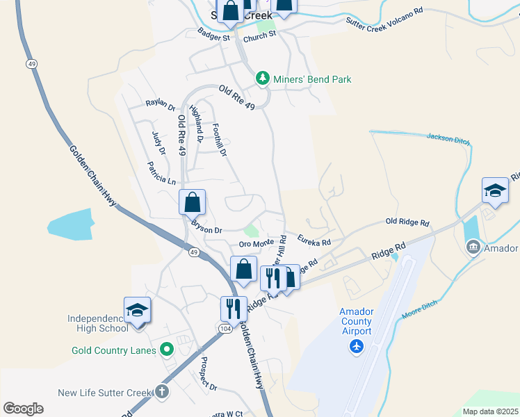 map of restaurants, bars, coffee shops, grocery stores, and more near 175 Bryson Drive in Sutter Creek