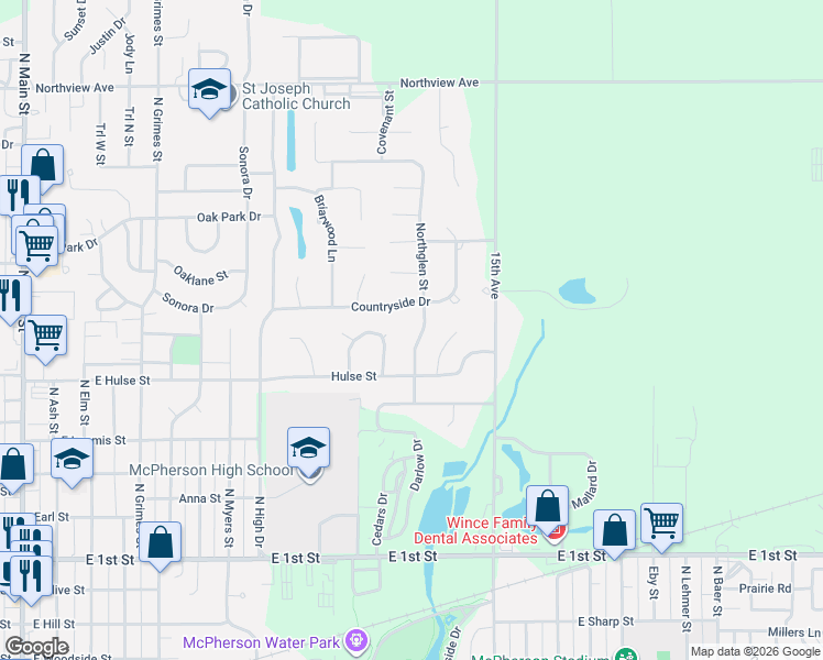 map of restaurants, bars, coffee shops, grocery stores, and more near 1321 Northglen St in McPherson