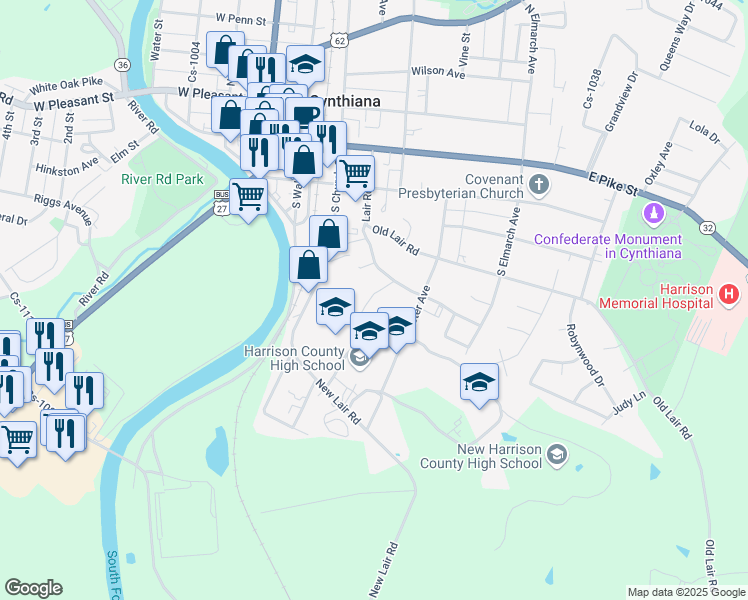 map of restaurants, bars, coffee shops, grocery stores, and more near 323 Webster Avenue in Cynthiana