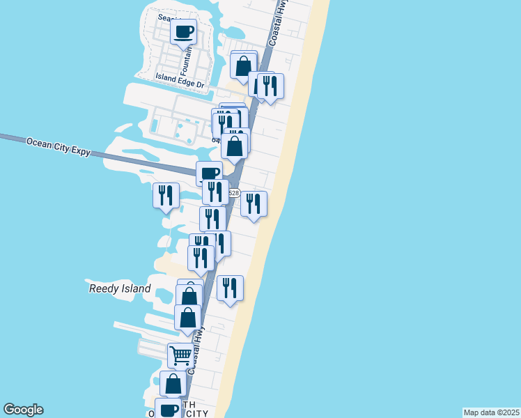 map of restaurants, bars, coffee shops, grocery stores, and more near 6007 Atlantic Avenue in Ocean City