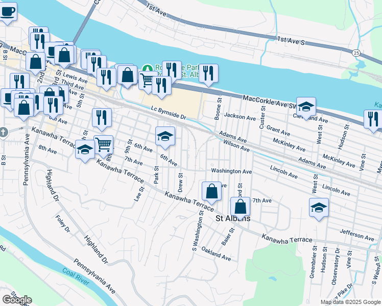 map of restaurants, bars, coffee shops, grocery stores, and more near 601 Lincoln Ave in St Albans