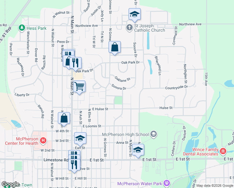 map of restaurants, bars, coffee shops, grocery stores, and more near 609 Normandy Rd in McPherson