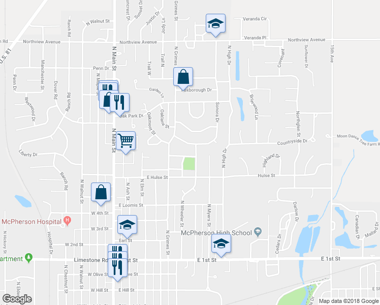 map of restaurants, bars, coffee shops, grocery stores, and more near 609 Normandy Road in McPherson