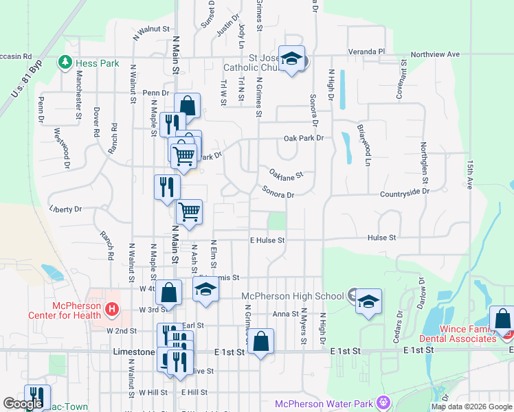 map of restaurants, bars, coffee shops, grocery stores, and more near 500 Normandy Road in McPherson
