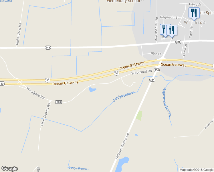 map of restaurants, bars, coffee shops, grocery stores, and more near 36047 Woodyard Road in Willards