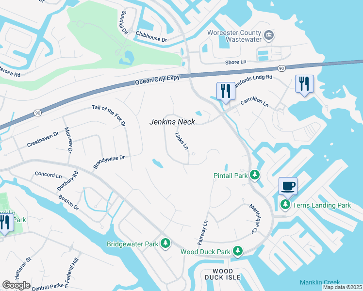 map of restaurants, bars, coffee shops, grocery stores, and more near 25 Links Lane in Ocean Pines