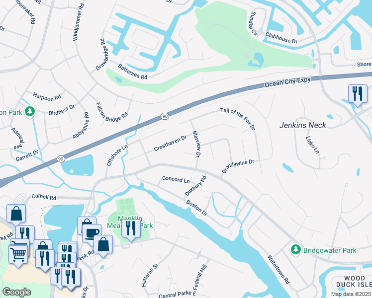 map of restaurants, bars, coffee shops, grocery stores, and more near 8 Haven End in Ocean Pines
