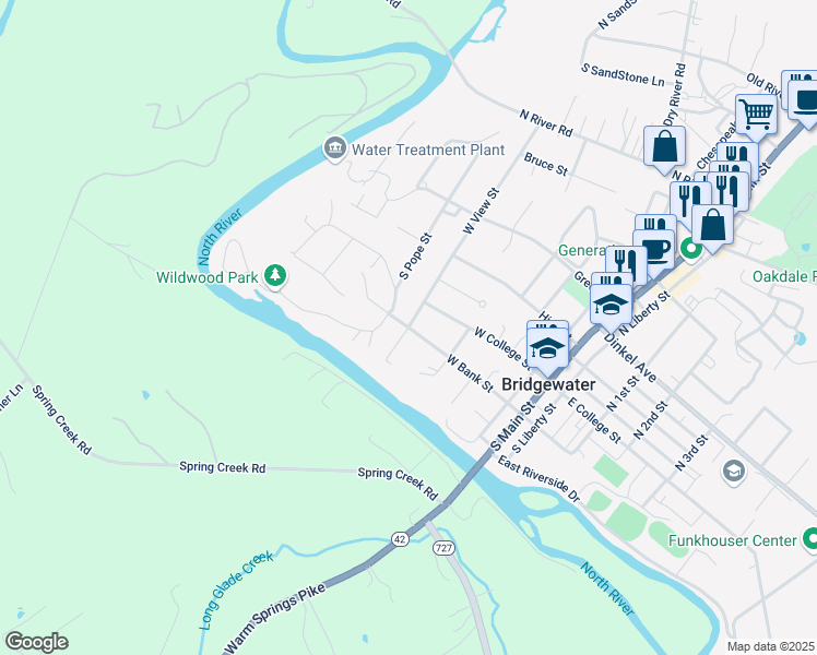 map of restaurants, bars, coffee shops, grocery stores, and more near West Bank Street in Bridgewater