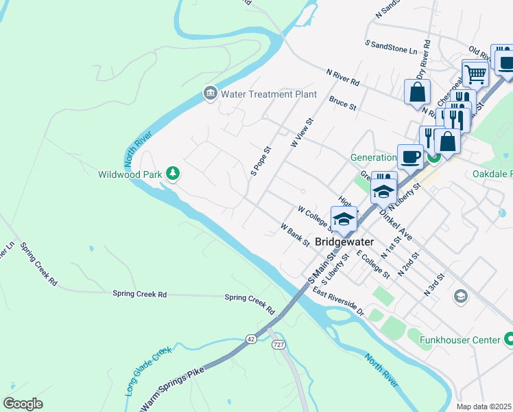 map of restaurants, bars, coffee shops, grocery stores, and more near West Bank Street in Bridgewater