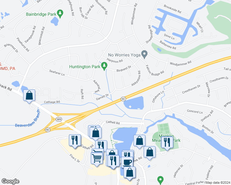 map of restaurants, bars, coffee shops, grocery stores, and more near 3 Garrett Drive in Ocean Pines