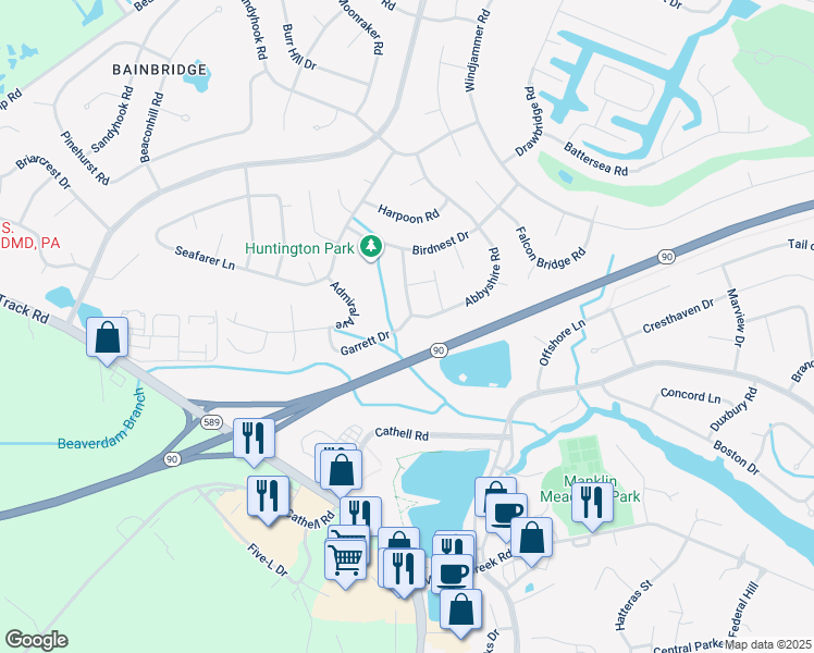 map of restaurants, bars, coffee shops, grocery stores, and more near 3 Garrett Drive in Ocean Pines