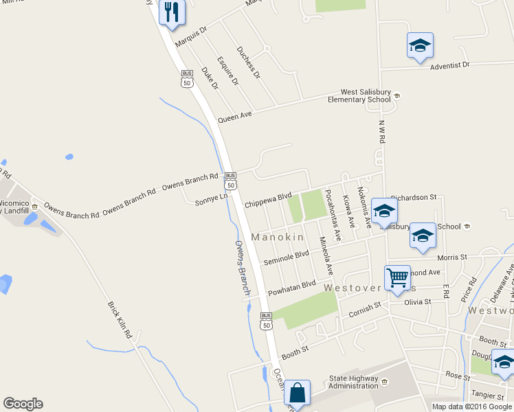 map of restaurants, bars, coffee shops, grocery stores, and more near 28650 Ocean Gateway in Salisbury