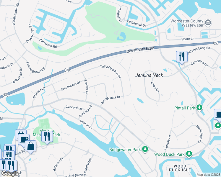 map of restaurants, bars, coffee shops, grocery stores, and more near 7 Twilight Court in Ocean Pines