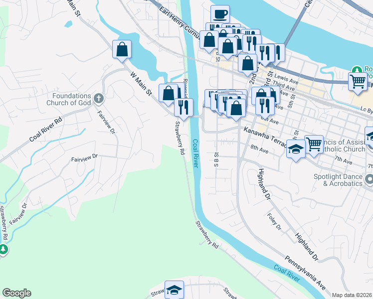 map of restaurants, bars, coffee shops, grocery stores, and more near 127-399 Strawberry Road in St. Albans