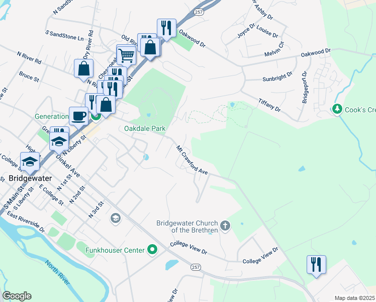 map of restaurants, bars, coffee shops, grocery stores, and more near 2034 Mount Crawford Avenue in Bridgewater