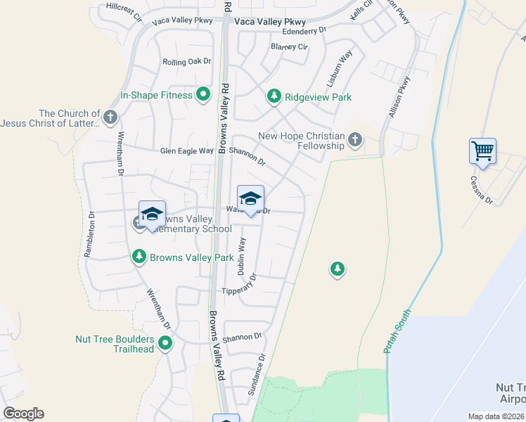 map of restaurants, bars, coffee shops, grocery stores, and more near 157 Waterford Drive in Vacaville
